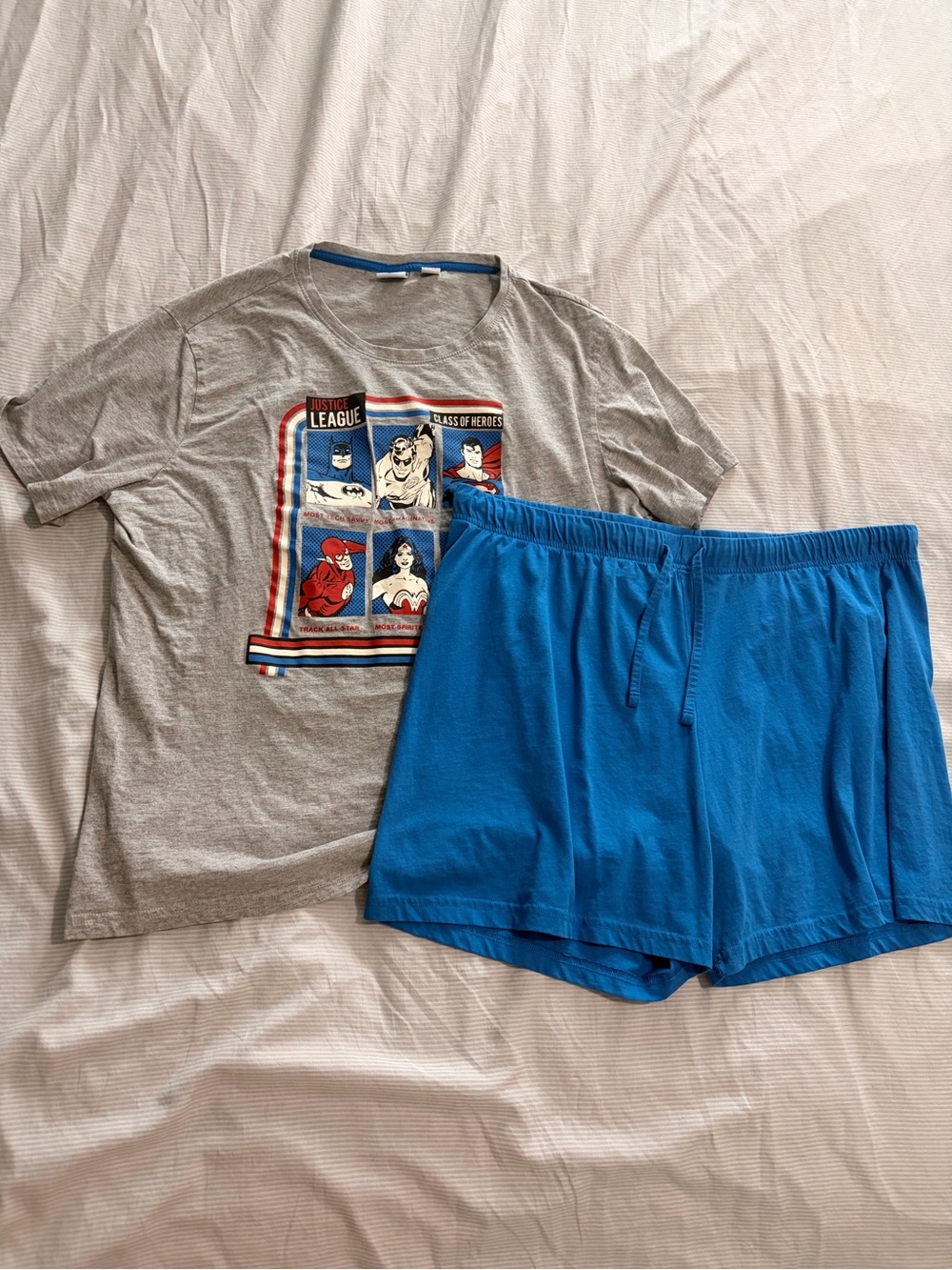 DC Gray Justice League Graphic Tee with Blue Shorts